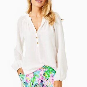 Lilly Pulitzer Elsa Silk Top Long Sleeve Blouse Size XS Ivory White V Neck